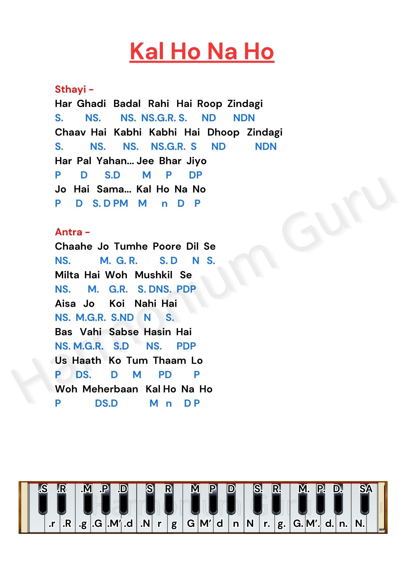 Harmonium Songs Notation Sample