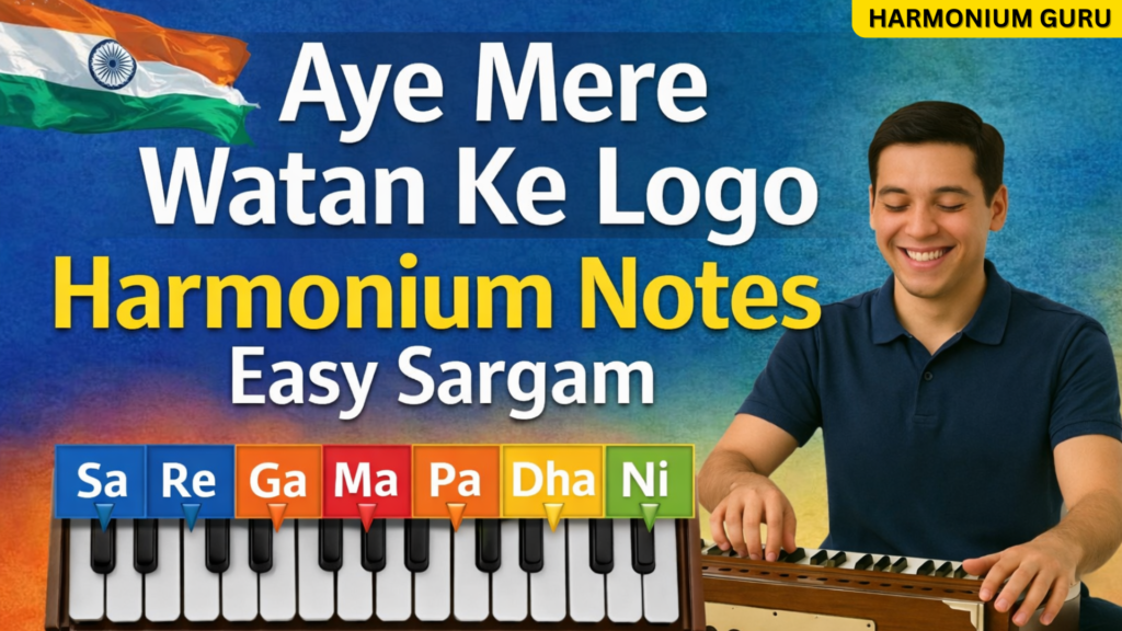 Aye Mere Watan Ke Logo harmonium notes with easy sargam, beginner friendly Indian patriotic song tutorial on harmonium